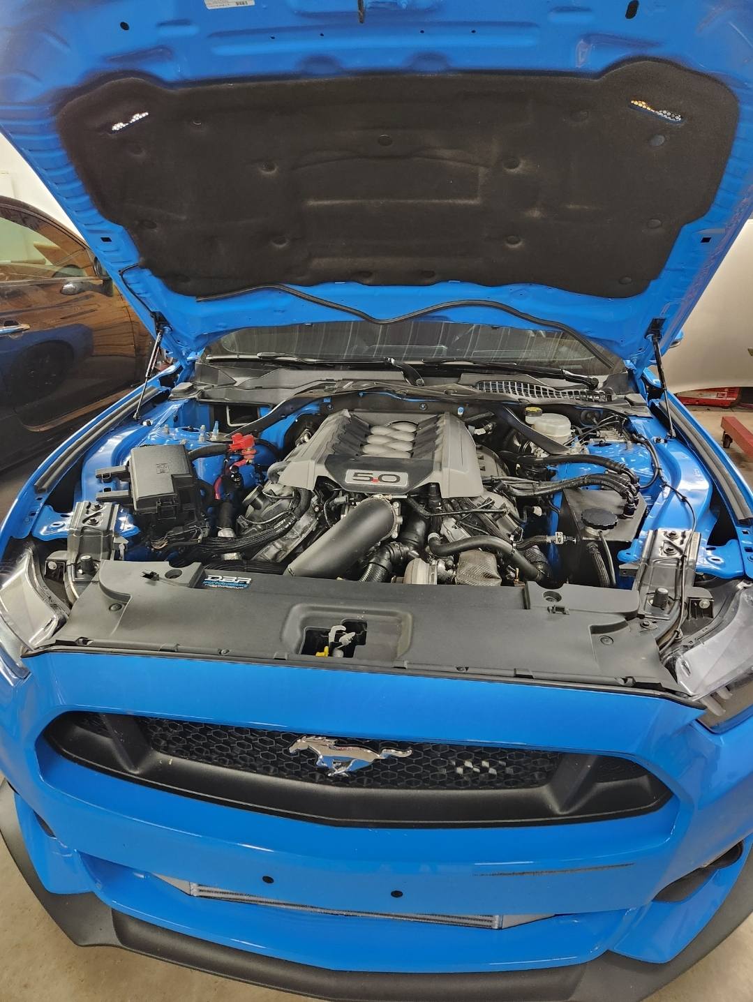 Engine bay prepared for EFI tuning work at Foulks Performance